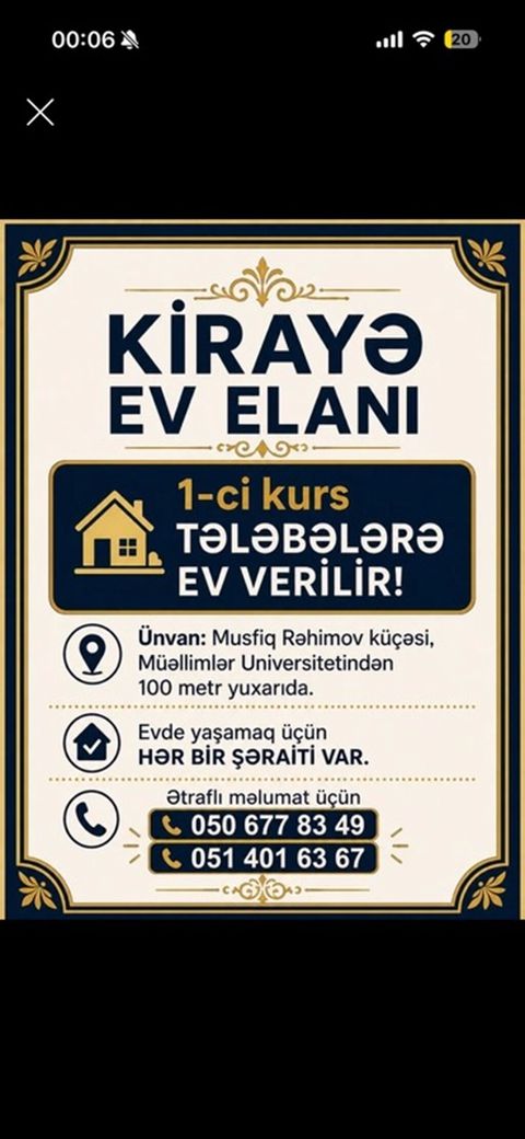 Kirayə ev elanıdır. 1-ci kurs tələbələrinə ev verilir. Ünvan: Musfiq — 120 ₼ · Mingəçevir · Ev, villa Kirayə ev elanıdır. 1-ci kurs tələbələrinə ev verilir. Ünvan: Musfiq — Mingəçevir