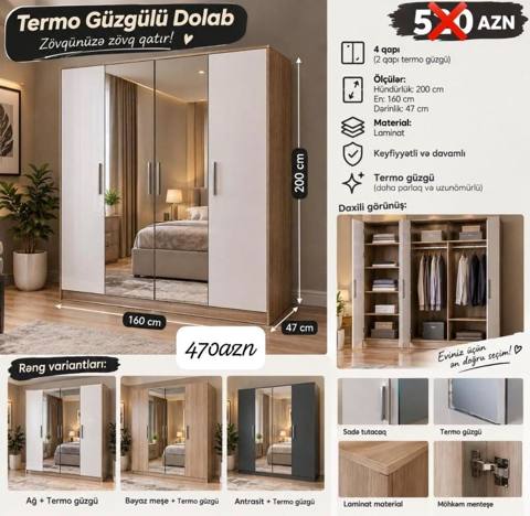 Termo Güzgülü Dolab - 4 qapı (2 qapı termo güzgülü) - Ölçülər — Mehdiabad