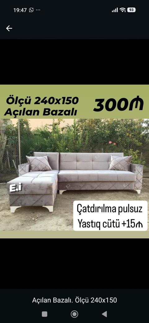 Künc divan – açılan və bazalı model - Ölçü: 240 x 150 sm - Mexanizm — 300 ₼ · Bakı · Divanlər Künc divan – açılan və bazalı model - Ölçü: 240 x 150 sm - Mexanizm — Bakı