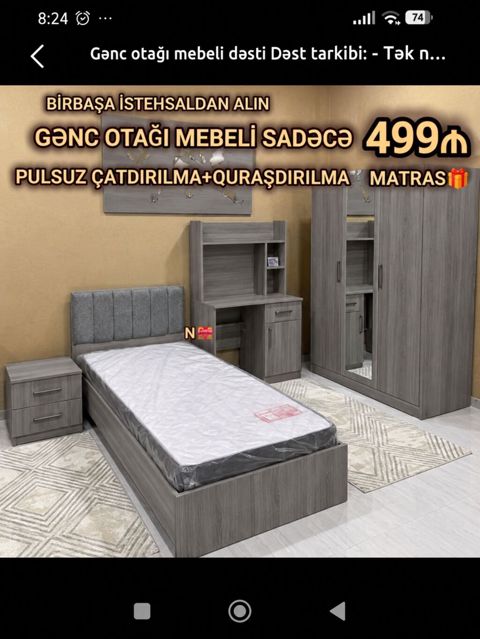 Gənc otağı mebel dəsti Dəst tərkibi: - Tək nəfərlik çarpayı (yumşaq — 499 ₼ · Bakı · Uşaq mebeli dəstləri Gənc otağı mebel dəsti Dəst tərkibi: - Tək nəfərlik çarpayı (yumşaq — Bakı
