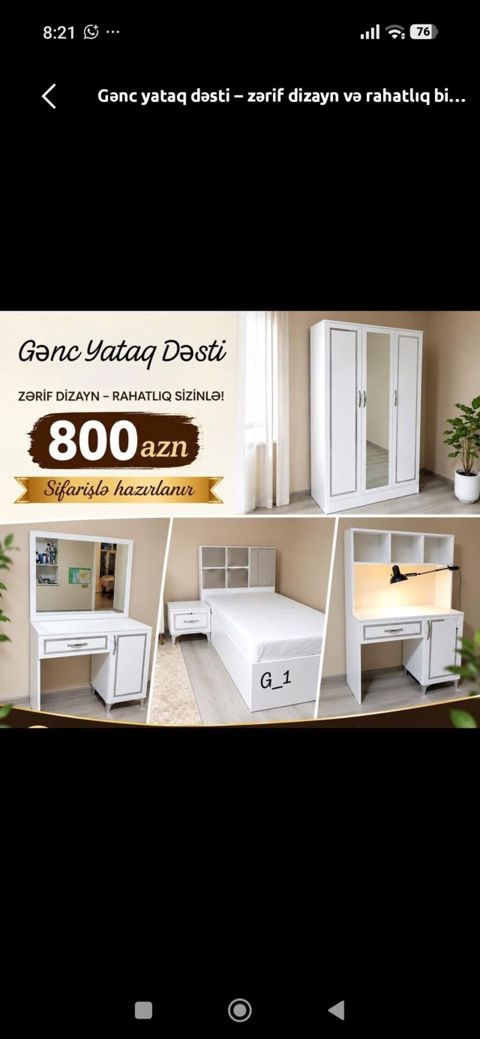 Gənc yataq dəsti – zərif dizayn və rahatlıq Dəst tərkibi: - 3 qapılı — 800 ₼ · Bakı · Uşaq mebeli dəstləri Gənc yataq dəsti – zərif dizayn və rahatlıq Dəst tərkibi: - 3 qapılı — Bakı