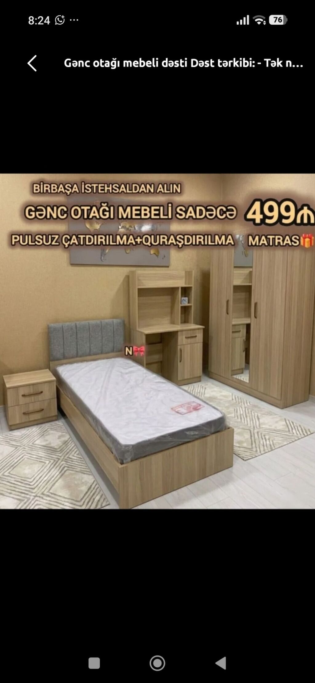 Gənc otağı mebeli dəsti Dəst tərkibi: - Tək nəfərlik çarpayı — Uşaq mebeli dəstləri, Bakı
