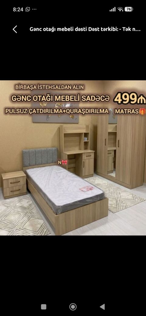 Gənc otağı mebeli dəsti Dəst tərkibi: - Tək nəfərlik çarpayı — Bakı
