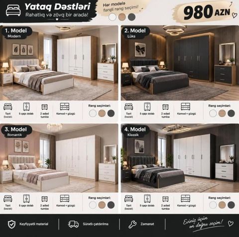 Yataq dəsti – 4 model və çoxsaylı rəng seçimləri Model 1: Modern — 980 ₼ · Mehdiabad · Yataq otağı mobilya dəstləri Yataq dəsti – 4 model və çoxsaylı rəng seçimləri Model 1: Modern — Mehdiabad
