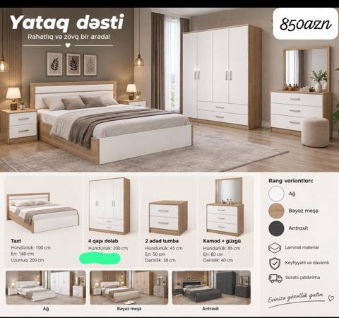 Yataq dəsti – Rahatlıq və zövq bir arada Komplektə daxildir: - Taxt — Жатын бөлме жиһазы