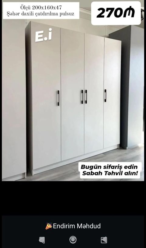 Dördkapılı paltar şkafı - Ölçü: 200×160×47 sm - Sadə, müasir dizayn — 270 ₼ · Sumqayıt · Şkaflar Dördkapılı paltar şkafı - Ölçü: 200×160×47 sm - Sadə, müasir dizayn — Sumqayıt