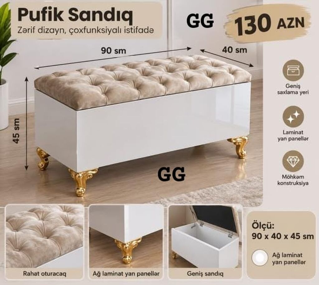 Pufik Sandıq – zərif dizayn, çoxfunksiyalı istifadə - Ölçü: 90 x 40 x — Puflər və banketlər, Bakı