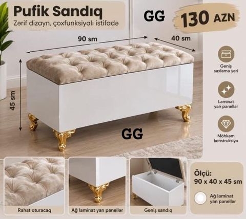 Pufik Sandıq – zərif dizayn, çoxfunksiyalı istifadə - Ölçü: 90 x 40 x — Bakı