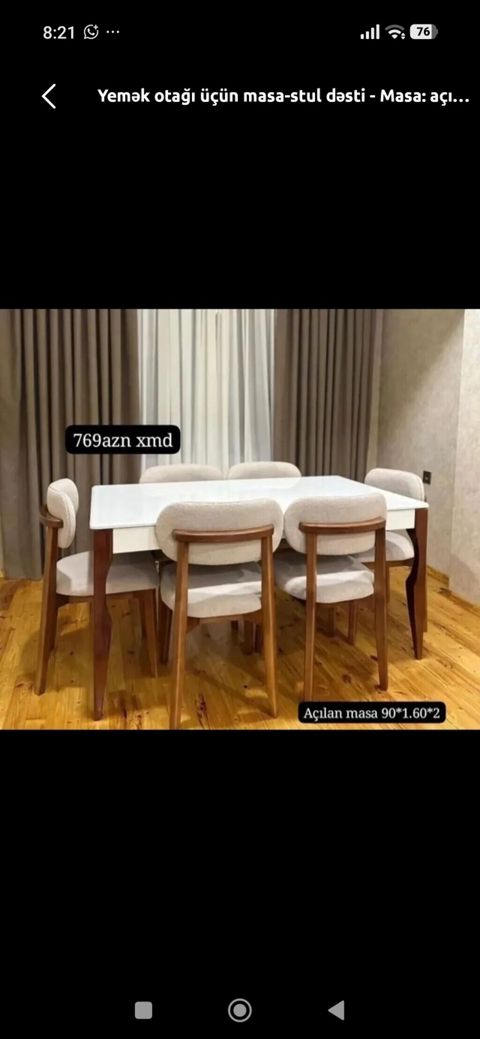 Yemək otağı üçün masa-stul dəsti - Dəst: 1 açılan yemək masası + 6 — Bakı