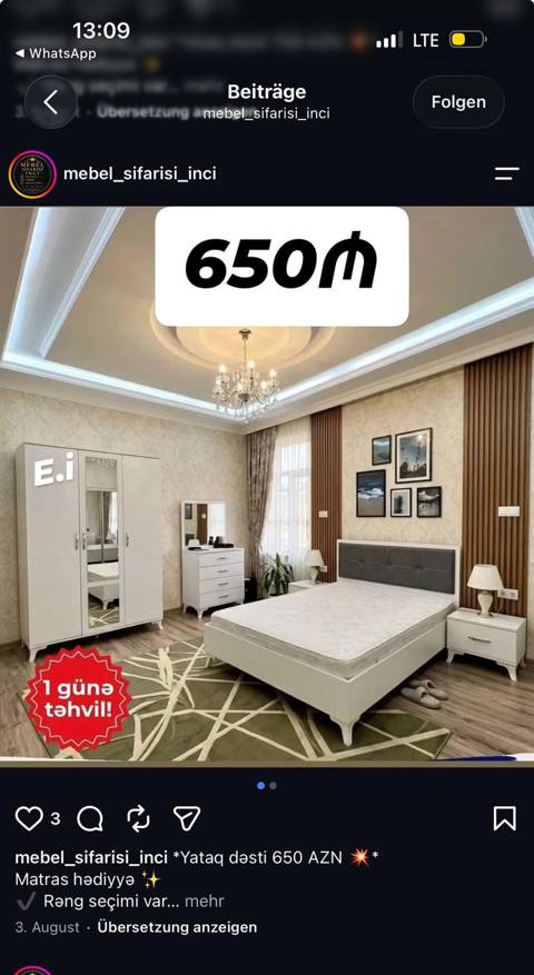 Yataq otağı mebel dəsti Tərkib: - 2 qapılı (orta hissəsi güzgülü) — Baku