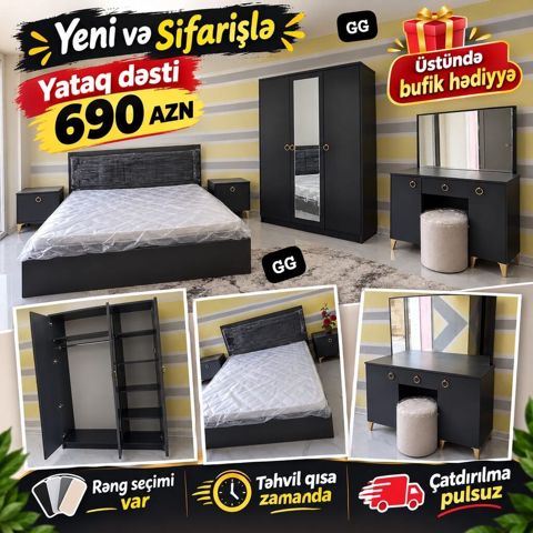 Yataq dəsti – Yeni və sifarişlə Dəst tərkibi: - İki nəfərlik çarpayı — 690 ₼ · Bakı · Yataq otağı mobilya dəstləri Yataq dəsti – Yeni və sifarişlə Dəst tərkibi: - İki nəfərlik çarpayı — Bakı