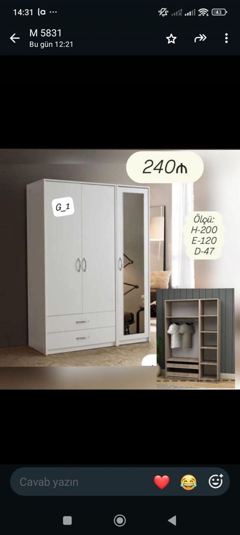 Ağ rəngli 3 qapılı paltar dolabı - Ölçü: H-200, E-120, D-47 (sm) — 240 ₼ · Sumqayıt · Şkaflar Ağ rəngli 3 qapılı paltar dolabı - Ölçü: H-200, E-120, D-47 (sm) — Sumqayıt