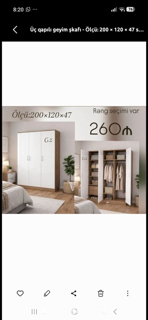 Üç qapılı geyim şkafı - Ölçü: 200 120 47 sm - Daxili bölmələr — 260 ₼ · Bakı · Şkaflar Üç qapılı geyim şkafı - Ölçü: 200 120 47 sm - Daxili bölmələr — Bakı