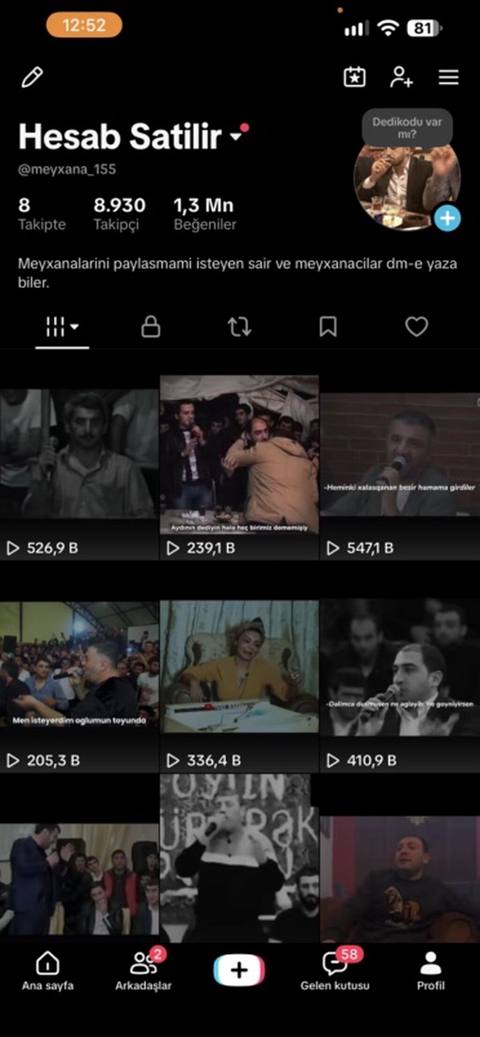 Meyxana mövzulu TikTok hesabı satılır - İstifadəçi adı: @meyxana_155 — 65 ₼ · Gəncə · Marketing, reklam, PR Meyxana mövzulu TikTok hesabı satılır - İstifadəçi adı: @meyxana_155 — Gəncə