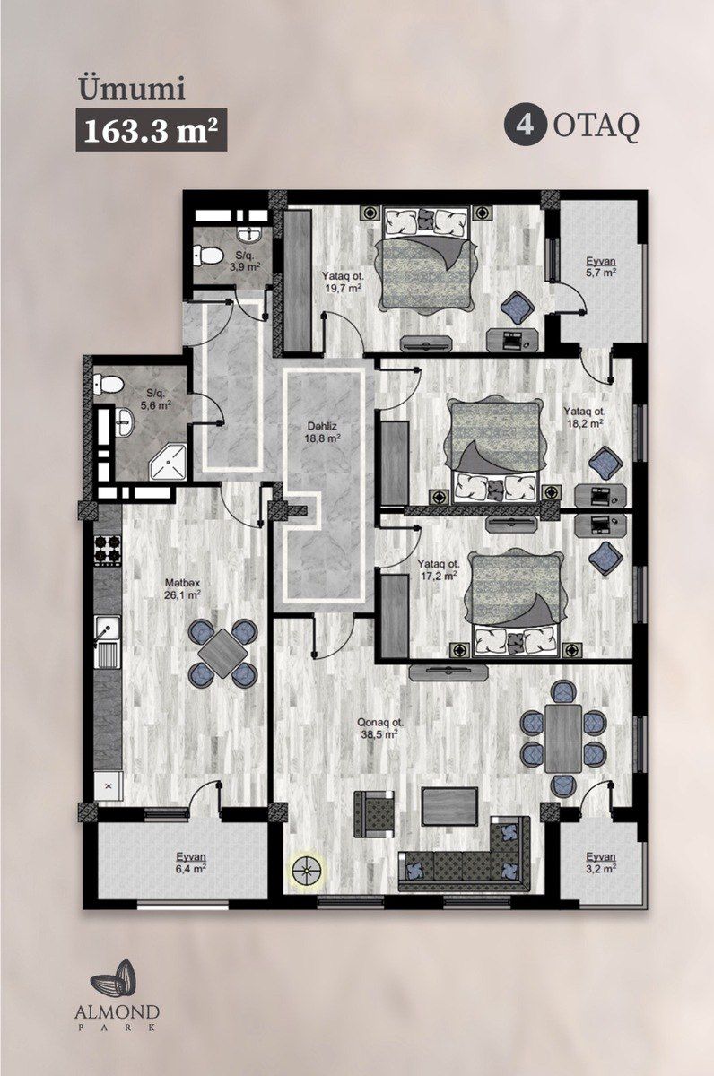 Satılır 4 otaqlı yeni tikili 163.3 m² — Mənzil, Bakı (2)