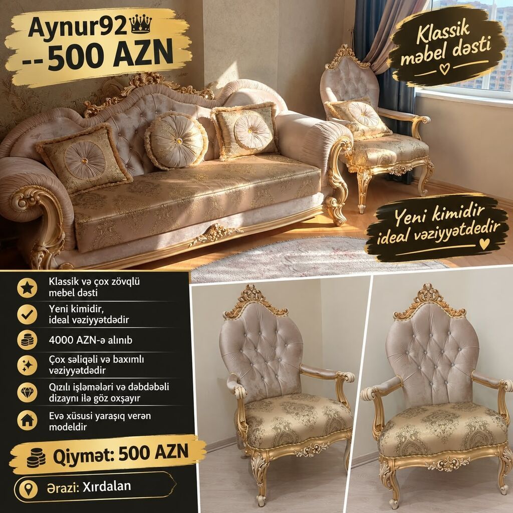 Aynur92 kod4095 Qiymet 500 AZN Klassik və çox zövqlü mebel dəsti — Mebel, Bakı