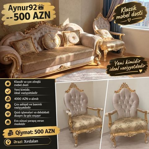 Aynur92 kod4095 Qiymet 500 AZN Klassik və çox zövqlü mebel dəsti — Bakı