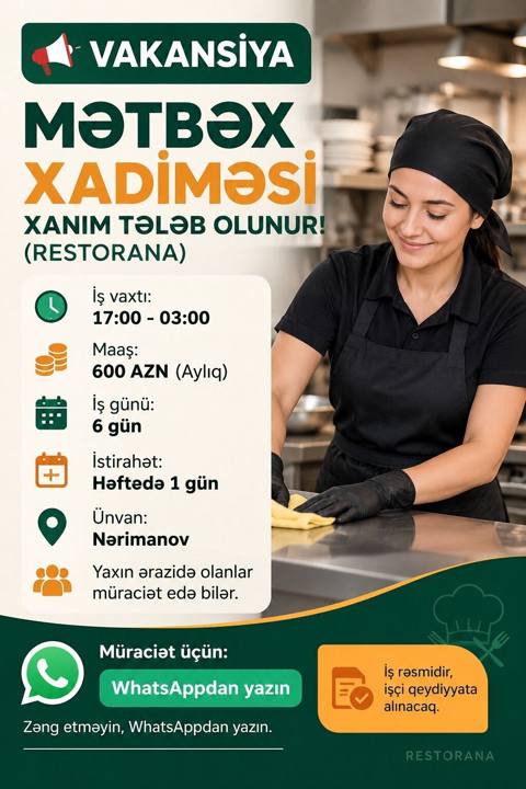 Xadimə tələb olunur, Aylıq ödəniş, İstənilən yaş, Təcrübəsiz — Bakı