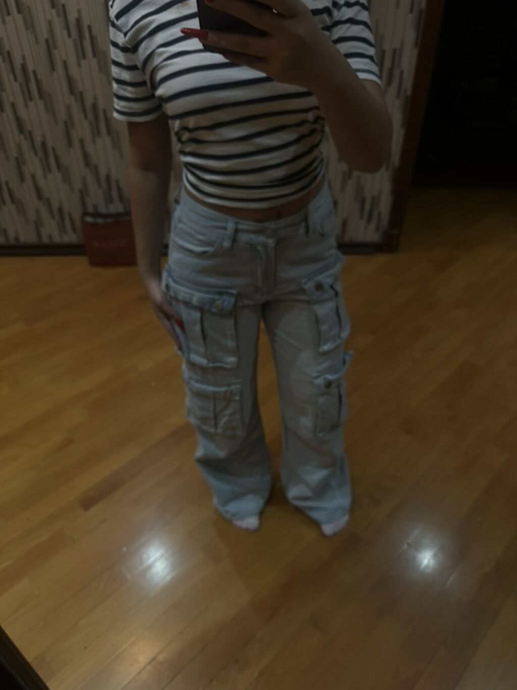 Geniş kəsimli yüngül göy rəngli cins kargo şalvar - Model — Jinslər, Bakı (3)