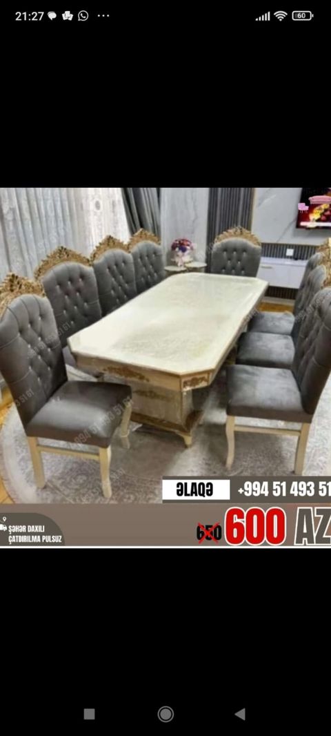 Qonaq otağı üçün, Yeni, Açılmayan, Dördbucaq masa, 6 stul — Bakı