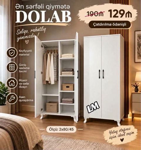 Müasir və sadə dizaynlı ağ rəngdə dolab - Ölçü: 2x80/45 - Geniş — 129 ₼ · Sumqayıt · Şkaflar Müasir və sadə dizaynlı ağ rəngdə dolab - Ölçü: 2x80/45 - Geniş — Sumqayıt