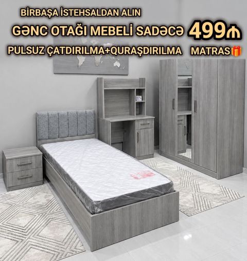 Gənc otağı mebel dəsti Tərkibi: - Tək nəfərlik çarpayı (yumşaq — 499 ₼ · Bakı · Uşaq mebeli dəstləri Gənc otağı mebel dəsti Tərkibi: - Tək nəfərlik çarpayı (yumşaq — Bakı