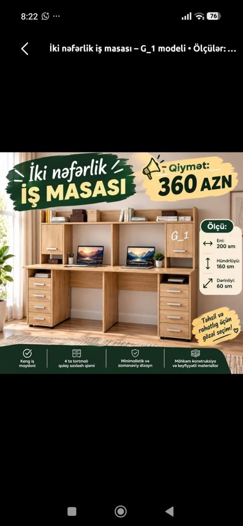 İki nəfərlik iş masası – G_1 modeli Ölçülər: - En: 200 sm — 360 ₼ · Bakı · Kompüter masaları və kresloları İki nəfərlik iş masası – G_1 modeli Ölçülər: - En: 200 sm — Bakı