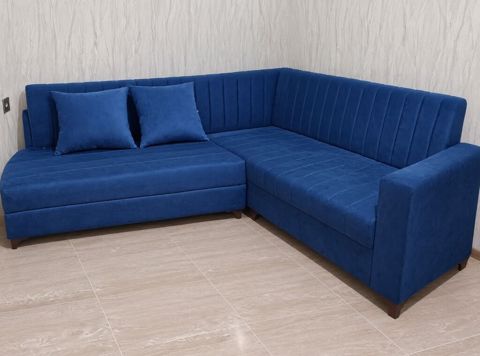 Mavi rəngli L formalı künc divanı - Parça: Yumşaq toxumalı — Bakı