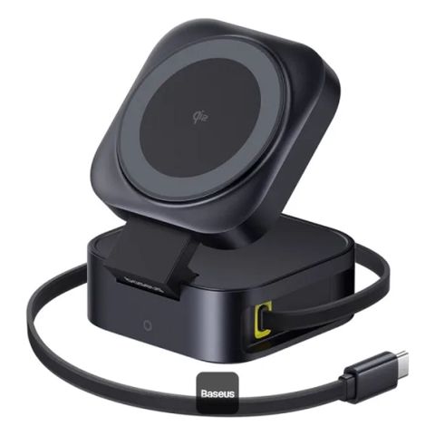 Baseus PicoGo Series 2‑in‑1 Maqnitli Simsiz Şarj Stendi, Qi2 15W, Qara — Bakı