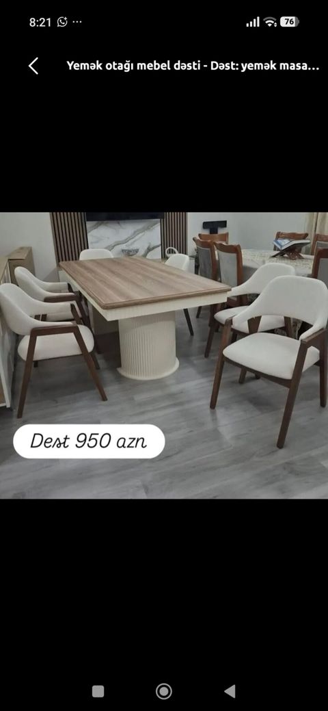 Yemək otağı mebel dəsti - Dəst tərkibi: geniş yemək masası + 4 ədəd — Bakı