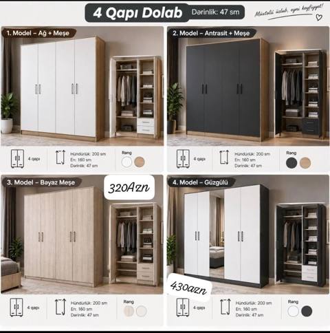 4 qapılı geyim dolabı – dərinlik 47 sm Ölçülər: - Hündürlük: 200 sm — Mehdiabad