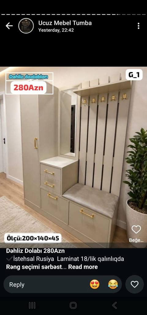 Dəhliz dolabı – 280 AZN Ölçü: 200×140×45 sm Material: 18 mm — 280 ₼ · Bakı · Xol üçün Dəhliz dolabı – 280 AZN Ölçü: 200×140×45 sm Material: 18 mm — Bakı