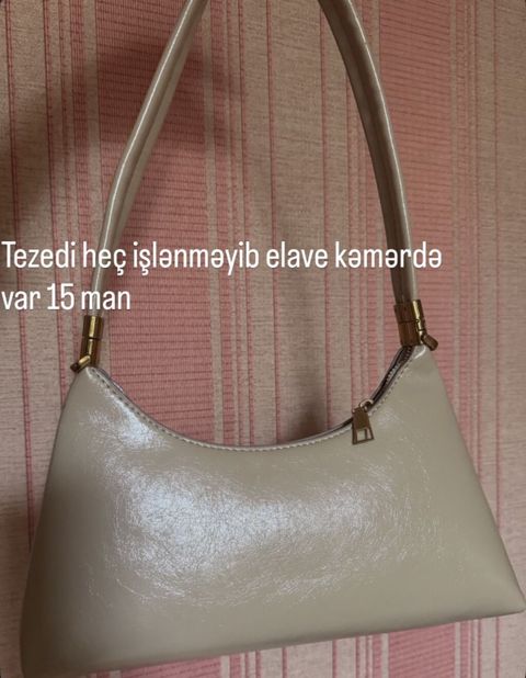Bej rəngli çiyin çantası - Parlaq səthli, sintetik dəri material — Bakı