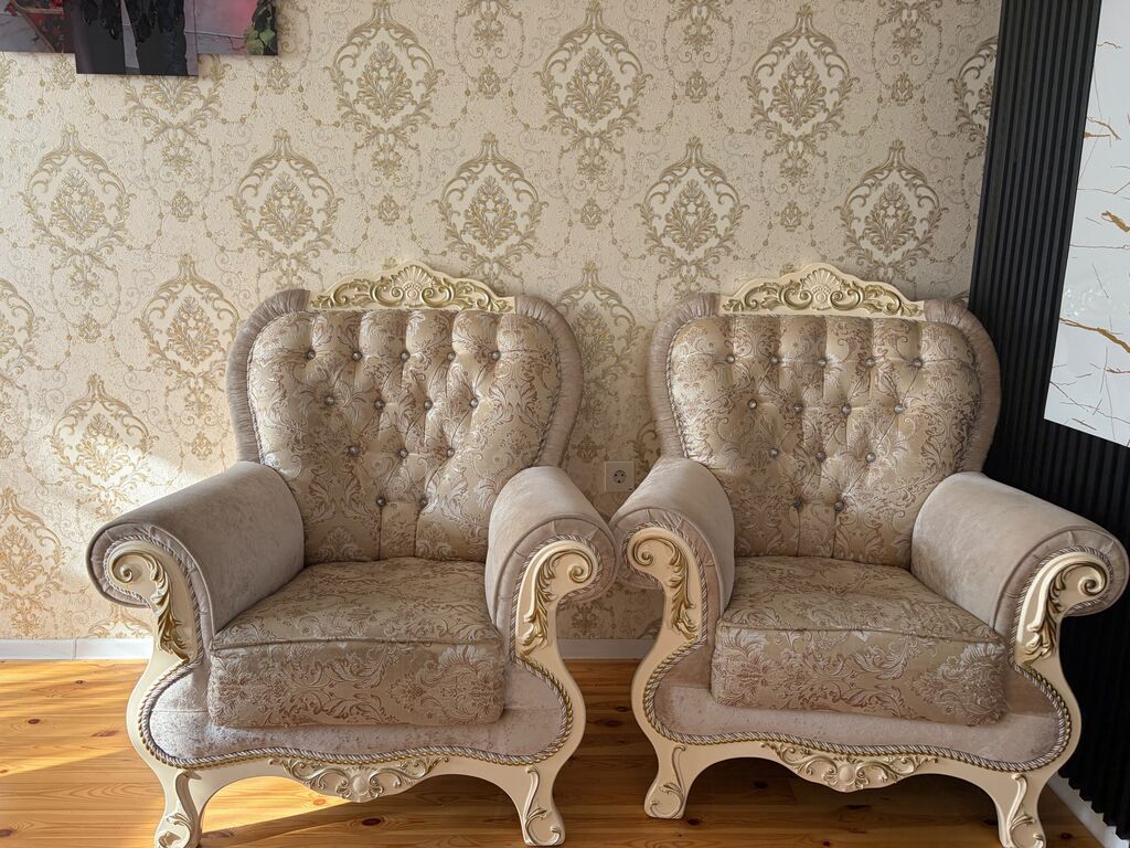 Klassik üslubda salon dəsti – krem/qızılı tonlarda divan və kreslo — Yumşaq mobilya dəstləri, Digah (5)