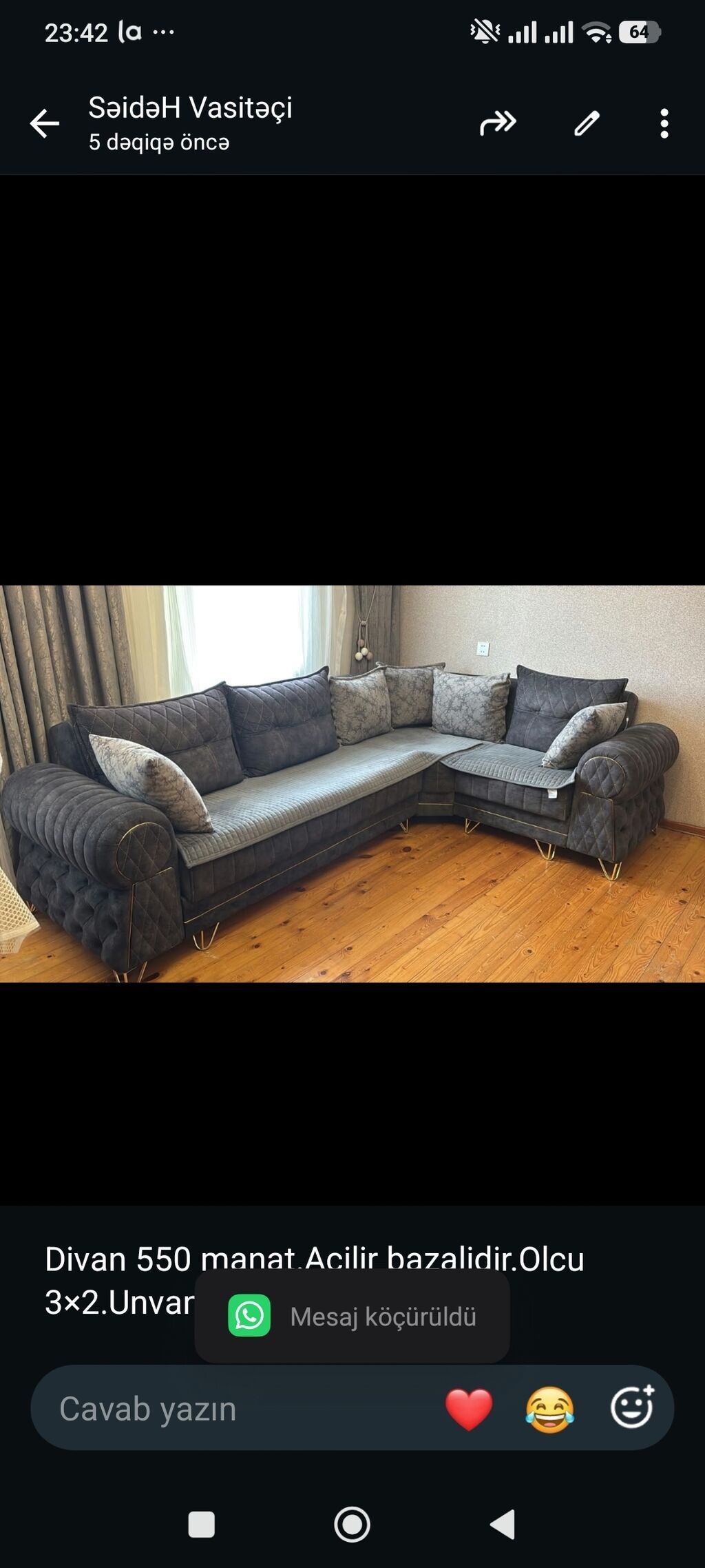 Divan 550 manat.Acilir bazalidir.Olcu 3×2.Unvan Masazir.SH — Divanlər, Bakı