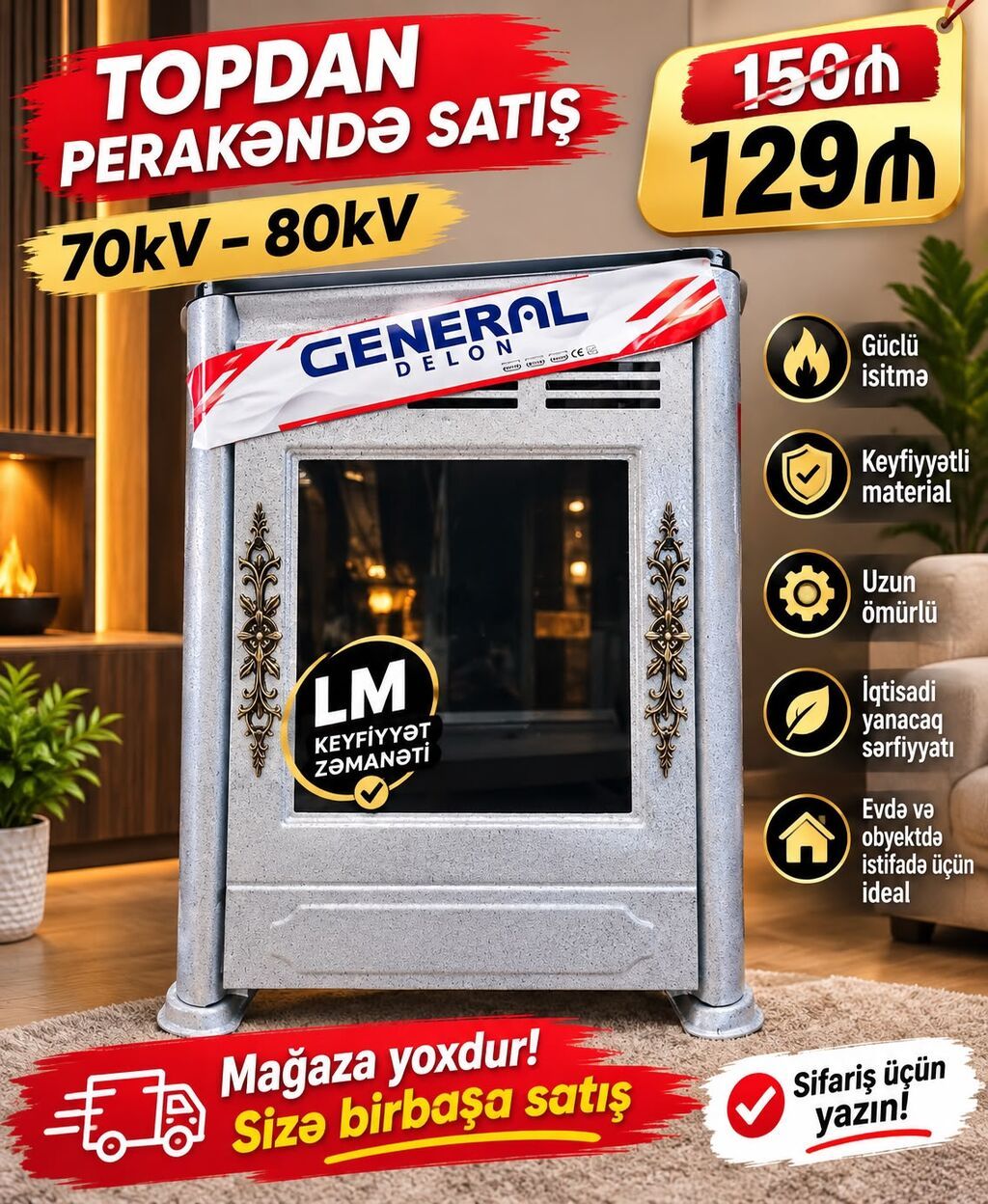 General Delon soba – 70 kV–80 kV - Güclü isitmə - Keyfiyyətli — Kaminlər, Sumqayıt