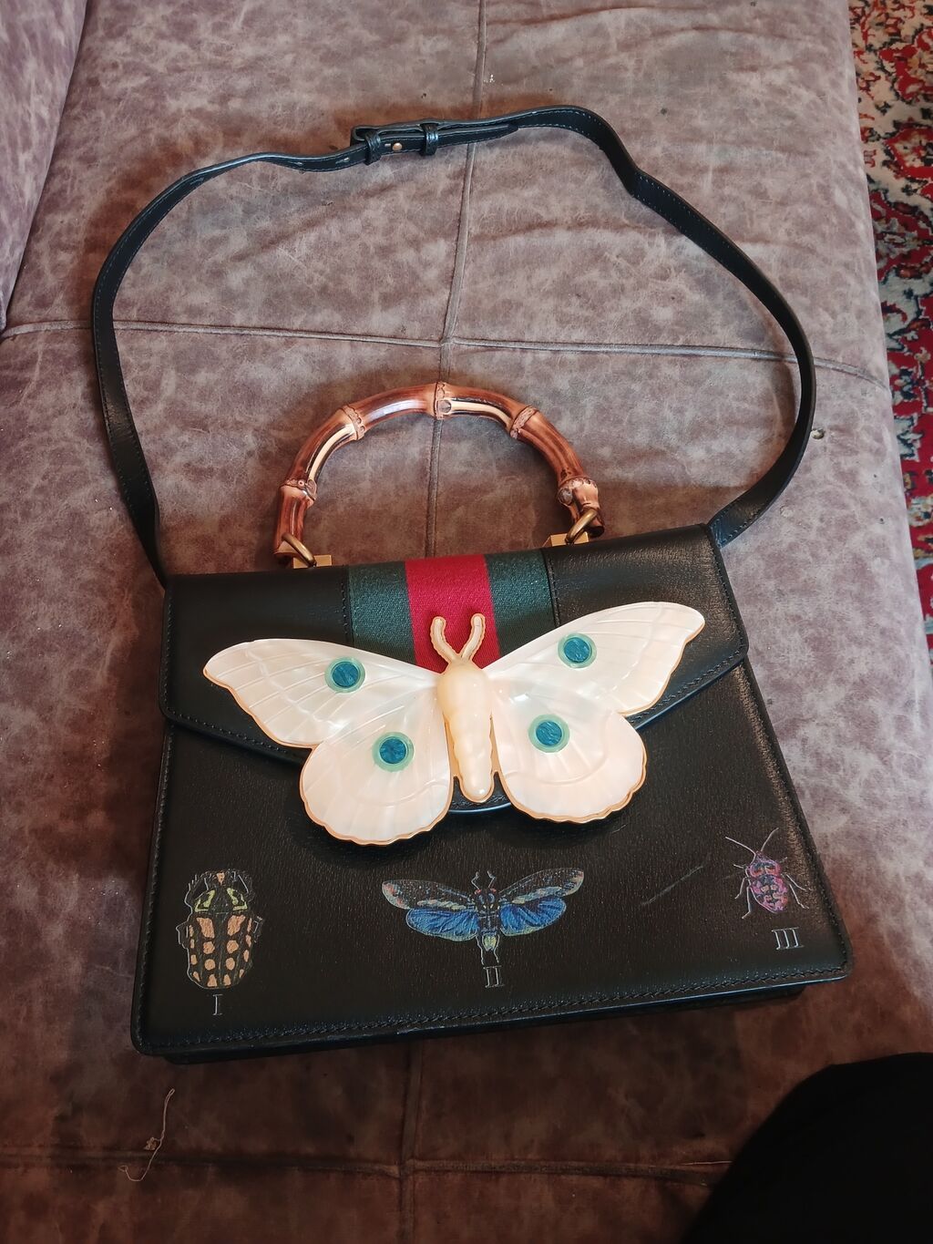 Qadın əl çantası – bambuk qulplu, çiyin kəmərli - Material: qara — Çantalar, çamadanlar, cüzdanlar, Masazır (6)