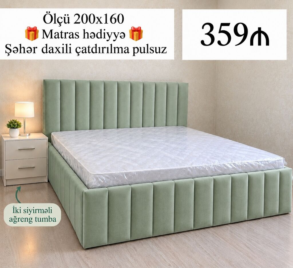 Modern yumşaq başlıqlı çarpayı – 200x160 sm ölçü - Düz xətli, dik — Yataqlar, Bakı