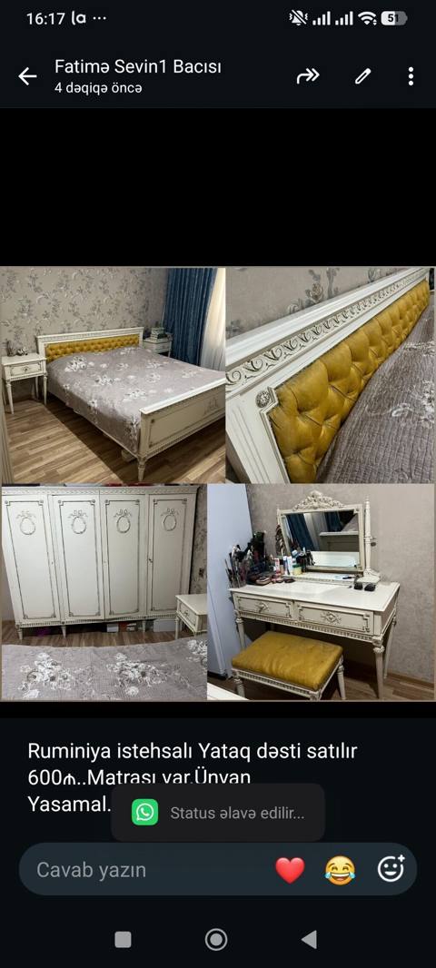 Ruminiya istehsalı Yataq dəsti satılır 600₼. Matrası var.Ünvan — Aişə Xanım — Yotoqxona mebel toʻplamlari