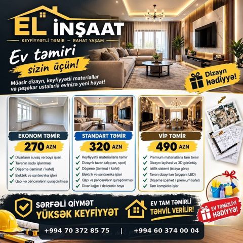 EL İnşaat – Ev təmiri xidmətləri Müasir dizayn, keyfiyyətli — 250 ₼ · Xırdalan · Təmir xidmətləri EL İnşaat – Ev təmiri xidmətləri Müasir dizayn, keyfiyyətli — Xırdalan