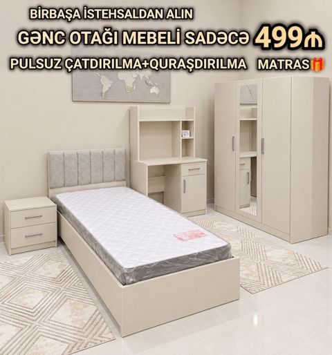Gənc otağı mebel dəsti Komplekt tərkibi: - Tək nəfərlik çarpayı — 499 ₼ · Bakı · Uşaq mebeli dəstləri Gənc otağı mebel dəsti Komplekt tərkibi: - Tək nəfərlik çarpayı — Bakı