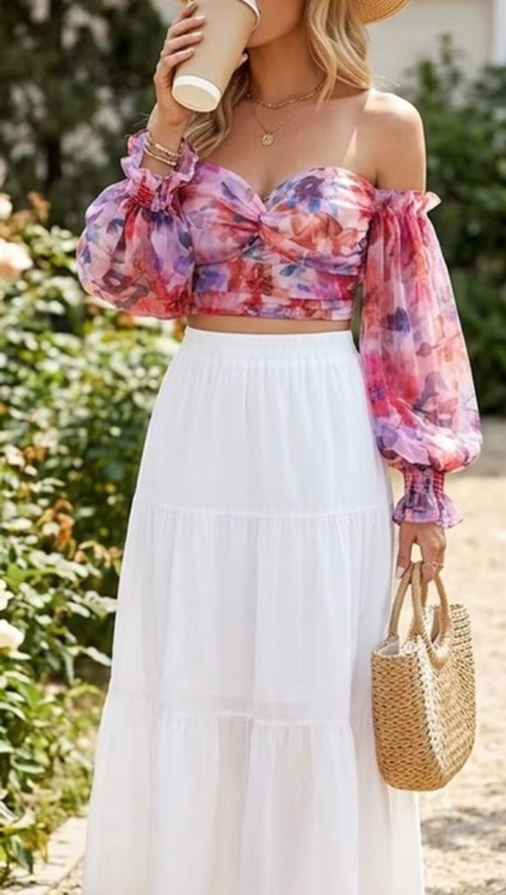 Çiçək naxışlı şifon crop top - Dizayn: Büzgülü, bardot (off-shoulder) — Köynək, Bakı (3)