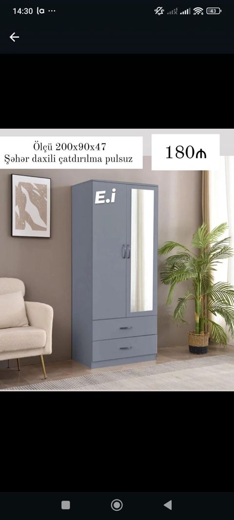 Güzgülü şkaf – 2 qapılı, 2 alt çekmecəli, asılqan və rəf yerləşdirməyə — 180 ₼ · Sumqayıt · Şkaflar Güzgülü şkaf – 2 qapılı, 2 alt çekmecəli, asılqan və rəf yerləşdirməyə — Sumqayıt