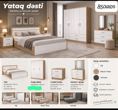 Yataq dəsti – rahatlıq və zövq bir arada Komplekt: - Taxt: hündürlük — 850 ₼ · Mehdiabad · Yataq otağı mobilya dəstləri Yataq dəsti – rahatlıq və zövq bir arada Komplekt: - Taxt: hündürlük — Mehdiabad