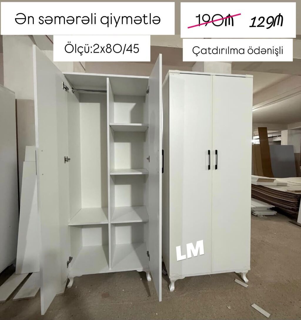 Ağ rəngdə iki qapılı şkaf - Ölçü: 2x80/45 - Daxili quruluş: bir — Şkaflar, Sumqayıt
