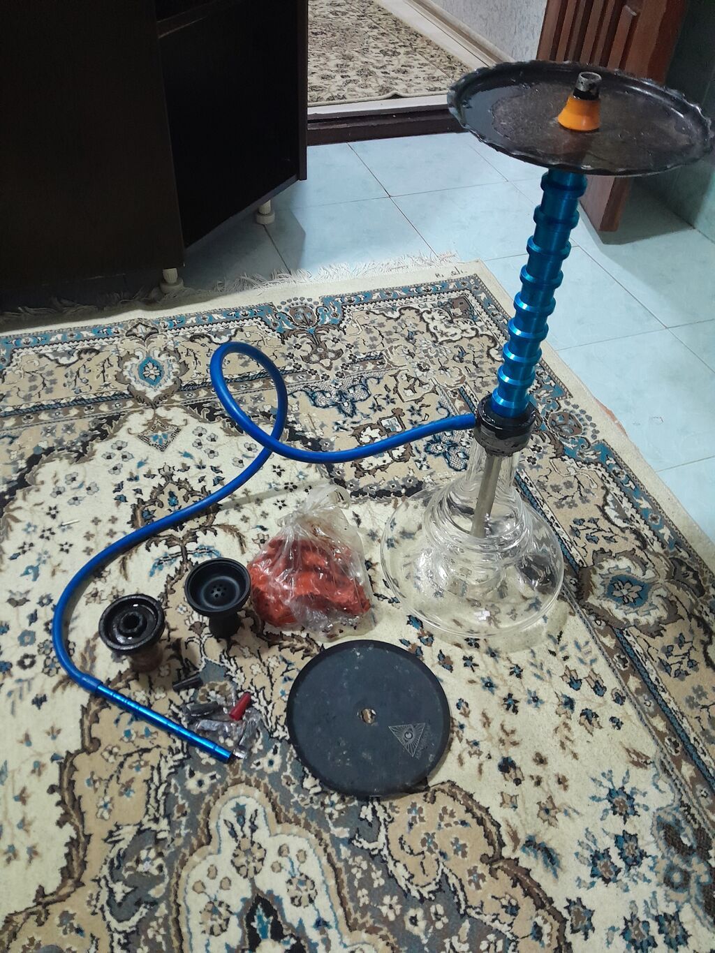 Şişə nərgilə dəsti - Şəffaf, qalın şüşə kolba - Anodlaşdırılmış mavi — Elektronik siqaretlər, Siyəzən
