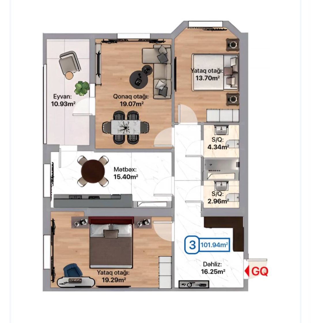 Satılır 3 otaqlı yeni tikili 102 m² — Mənzil, Xırdalan (2)