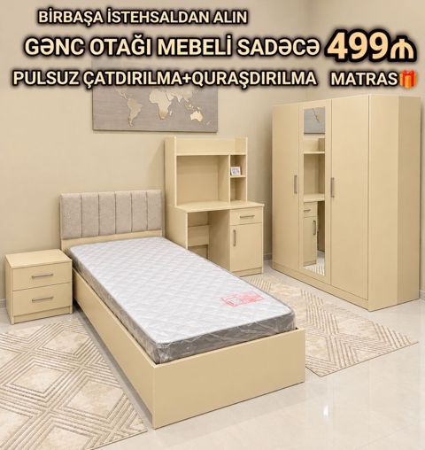 Gənc otağı mebel dəsti Tərkibi: - Tək nəfərlik çarpayı (başlıqla) — 499 ₼ · Bakı · Uşaq mebeli dəstləri Gənc otağı mebel dəsti Tərkibi: - Tək nəfərlik çarpayı (başlıqla) — Bakı