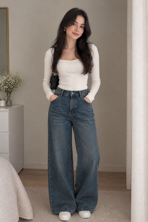 Qadın üçün enli paçalı cins şalvar. Tünd mavi yuyulmuş denim — j45wscnvfw