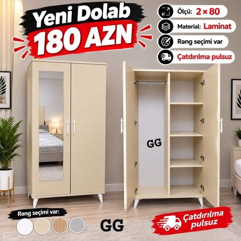 Yeni 2 qapılı dolab - Ölçü: 2 80 - Material: laminat - Rəng seçimi — Bakı